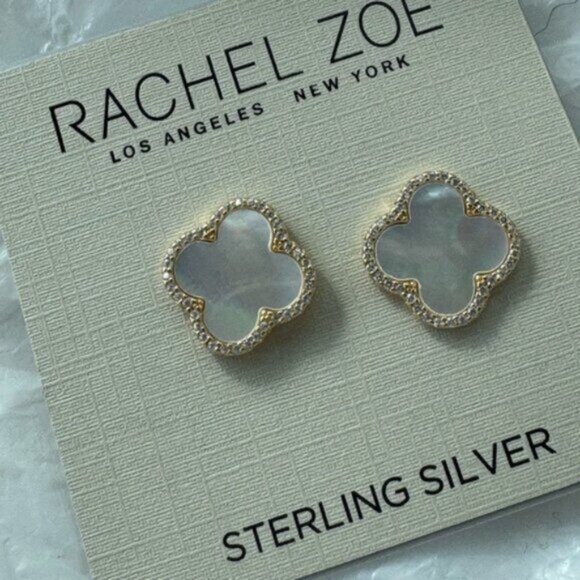 Rachel Zoe Mother of Pearl Sterling Silver 925 Gold Plated Clover Stud Earrings